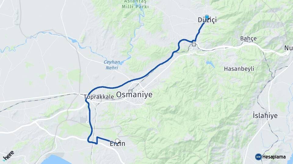 Osmaniye Düziçi Erzin Hatay Arası Kaç Km - Yol Haritası