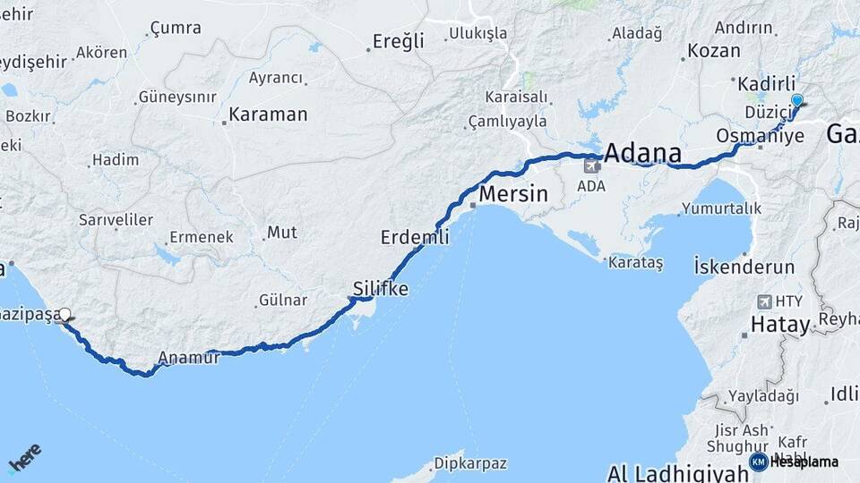 Osmaniye Düziçi Gazipaşa Antalya Arası Kaç Km - Yol Haritası