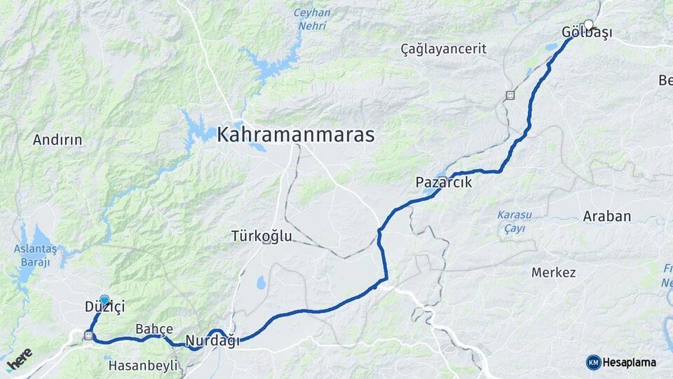 Osmaniye Düziçi Gölbaşı Adıyaman Arası Kaç Km - Yol Haritası