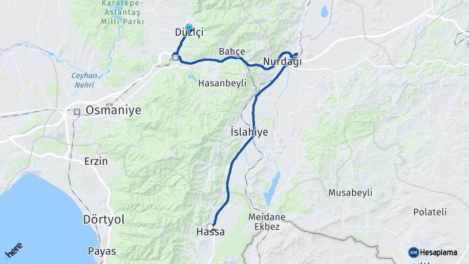 Osmaniye Düziçi Hassa Hatay Arası Kaç Km - Yol Haritası