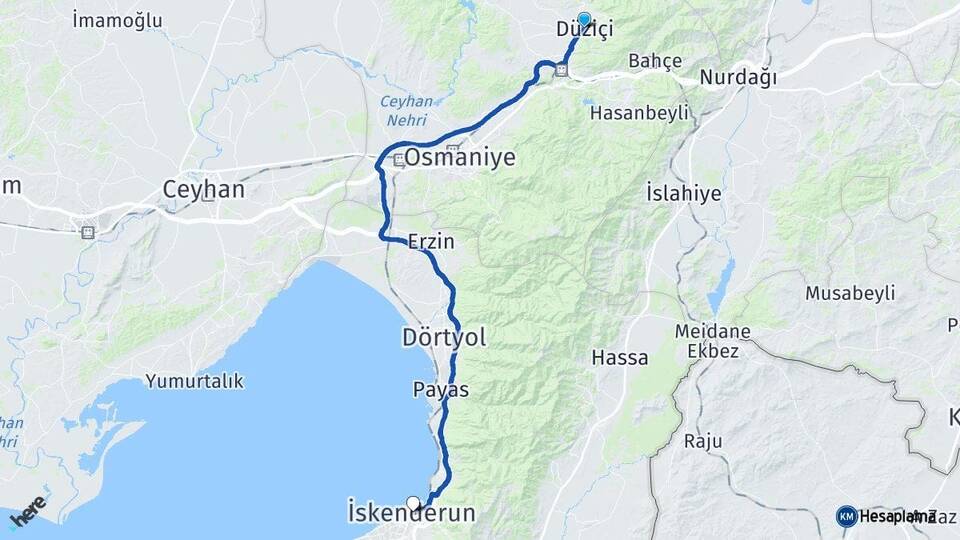 Osmaniye Düziçi İskenderun Hatay Arası Kaç Km - Yol Haritası