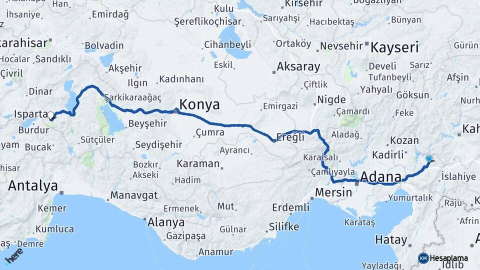 Osmaniye Düziçi Isparta Arası Kaç Km - Yol Haritası