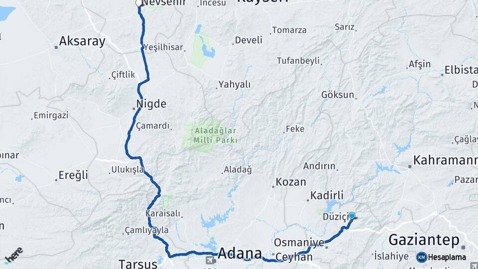 Osmaniye Düziçi Nevşehir Arası Kaç Km - Yol Haritası