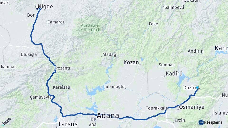 Osmaniye Düziçi Niğde Arası Kaç Km - Yol Haritası