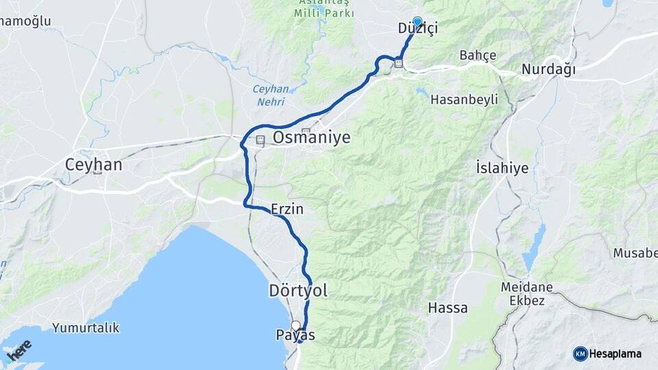Osmaniye Düziçi Payas Hatay Arası Kaç Km - Yol Haritası