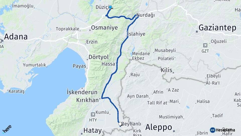 Osmaniye Düziçi Reyhanlı Hatay Arası Kaç Km - Yol Haritası