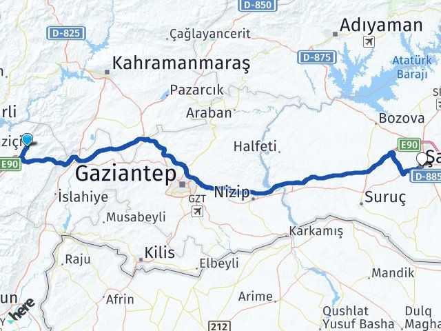 osmaniye duzici sanliurfa arasi kac km kac saat