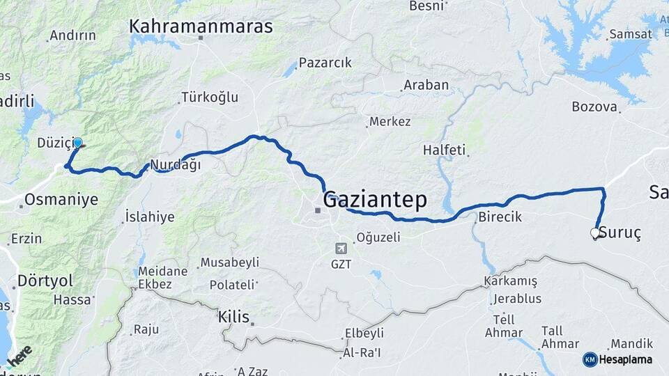 Osmaniye Düziçi Suruç Şanlıurfa Arası Kaç Km - Yol Haritası