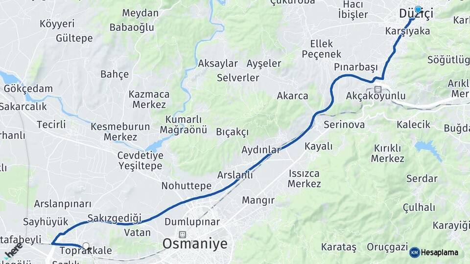 Osmaniye Düziçi Toprakkale Arası Kaç Km - Yol Haritası