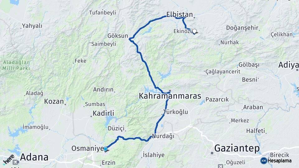 Osmaniye Ekinözü Kahramanmaraş Arası Kaç Km - Yol Haritası