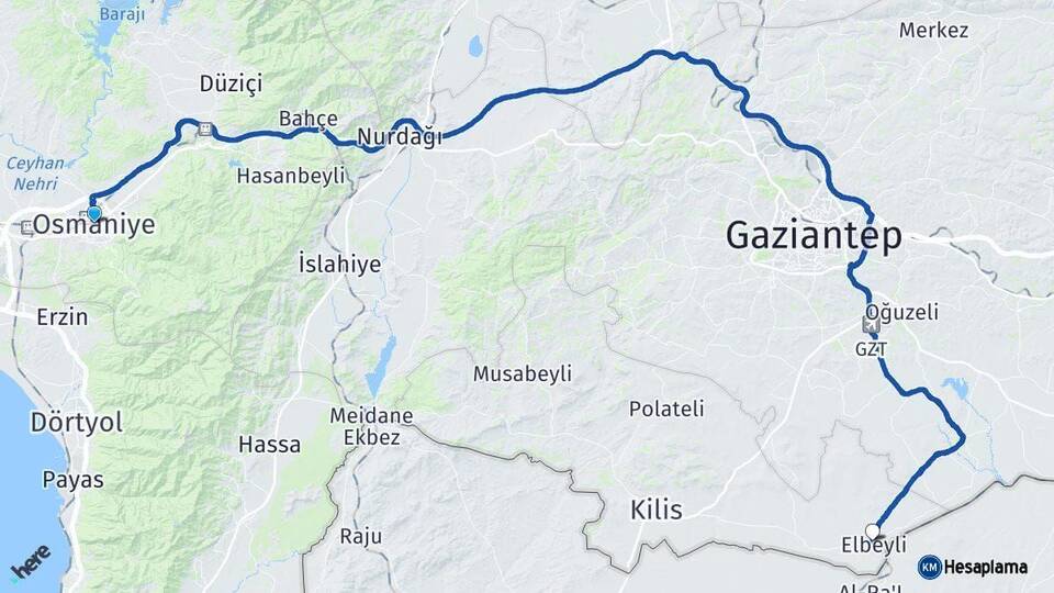 Osmaniye Elbeyli Kilis Arası Kaç Km - Yol Haritası