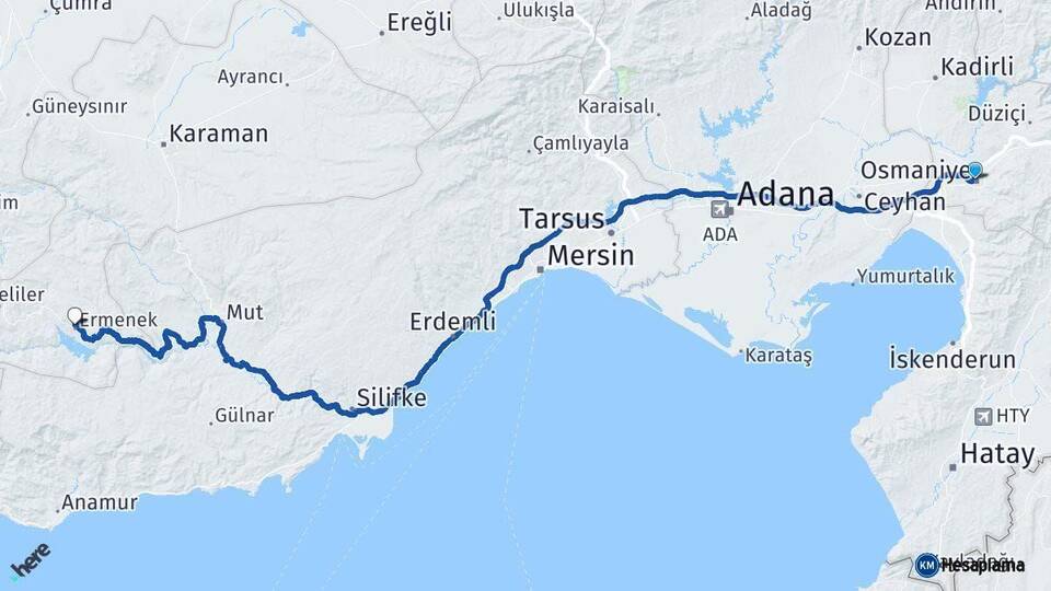 Osmaniye Ermenek Karaman Arası Kaç Km - Yol Haritası
