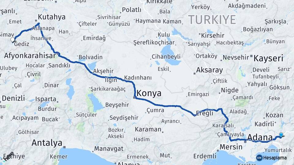 Osmaniye Gediz Kütahya Arası Kaç Km - Yol Haritası