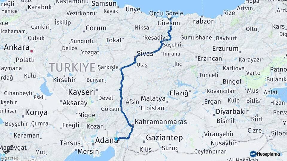 Osmaniye Giresun Arası Kaç Km - Yol Haritası