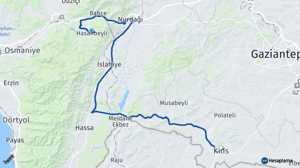 Osmaniye Hasanbeyli Kilis Arası Kaç Km - Yol Haritası