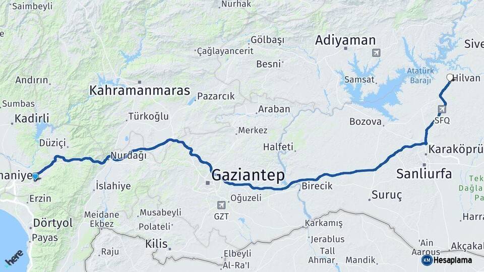 Osmaniye Hilvan Şanlıurfa Arası Kaç Km - Yol Haritası