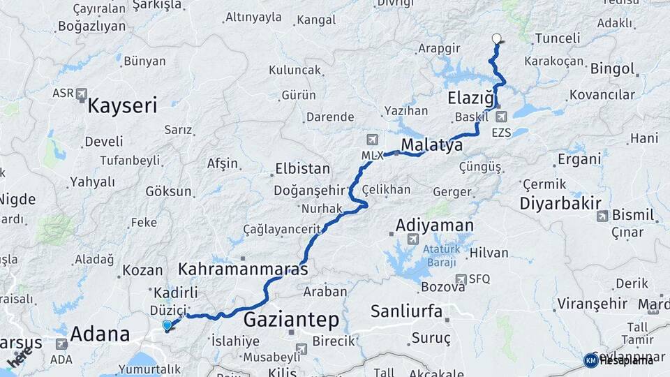 Osmaniye Hozat Tunceli Arası Kaç Km - Yol Haritası