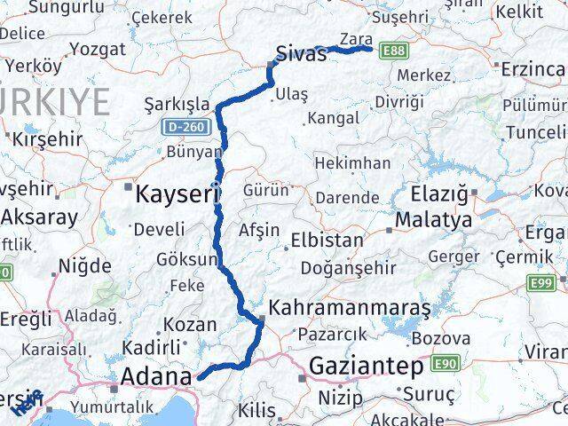 Osmaniye İmranlı Sivas Arası Kaç Km - Yol Haritası