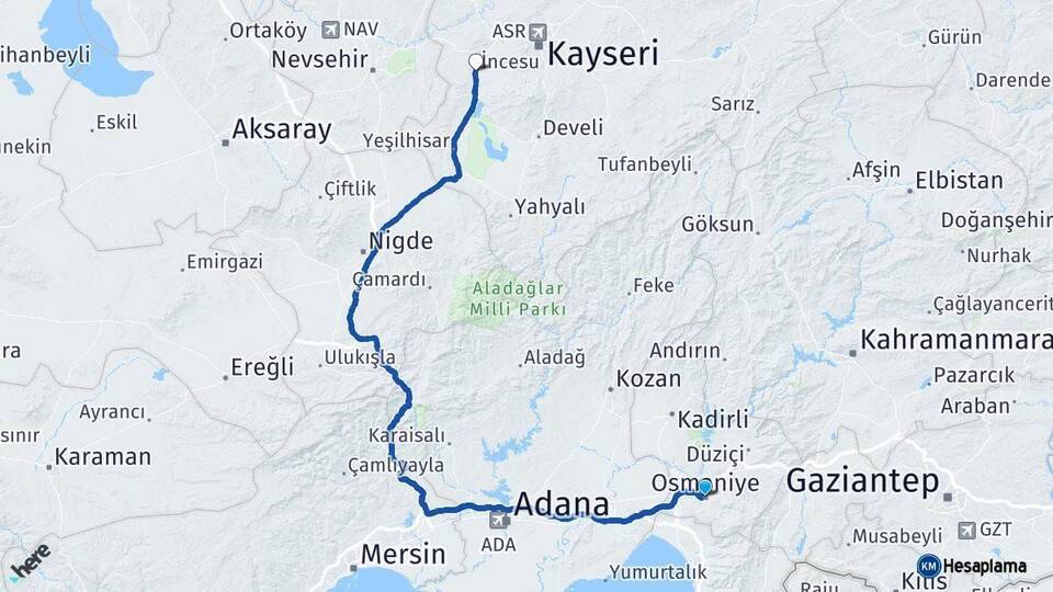 Osmaniye İncesu Kayseri Arası Kaç Km - Yol Haritası