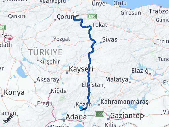 osmaniye kadirli amasya arasi kac km kac saat
