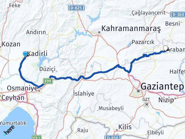 Osmaniye Kadirli Araban Gaziantep Arası Kaç Km - Yol Haritası