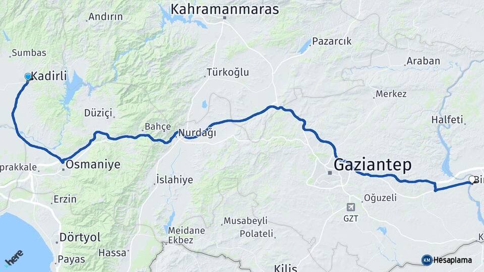 Osmaniye Kadirli Birecik Şanlıurfa Arası Kaç Km - Yol Haritası