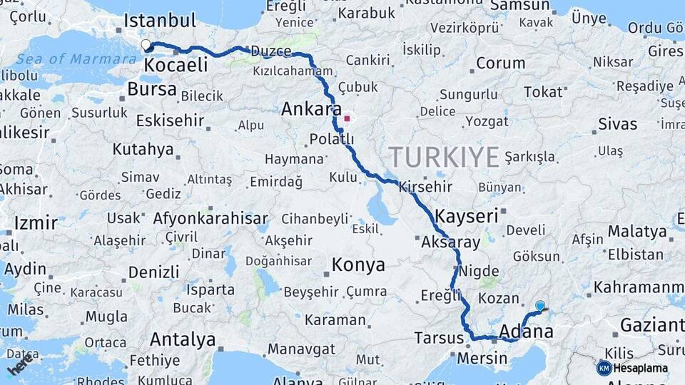 Osmaniye Kadirli Gebze Kocaeli Arası Kaç Km - Yol Haritası