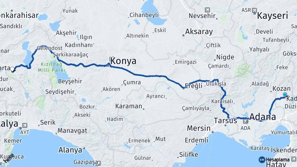 Osmaniye Kadirli Isparta Arası Kaç Km - Yol Haritası