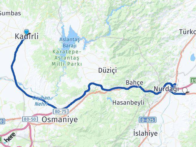 Osmaniye Kadirli Kömürler Nurdağı Gaziantep Arası Kaç Km - Yol Haritası
