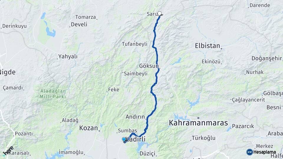 Osmaniye Kadirli Sarız Kayseri Arası Kaç Km - Yol Haritası