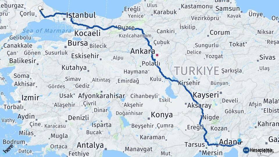 Osmaniye Kapaklı Tekirdağ Arası Kaç Km - Yol Haritası
