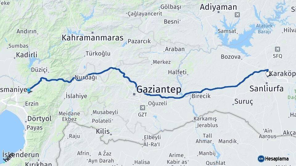Osmaniye Karaköprü Şanlıurfa Arası Kaç Km - Yol Haritası