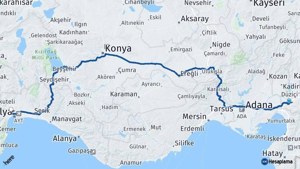Osmaniye Kepez Antalya Arası Kaç Km - Yol Haritası