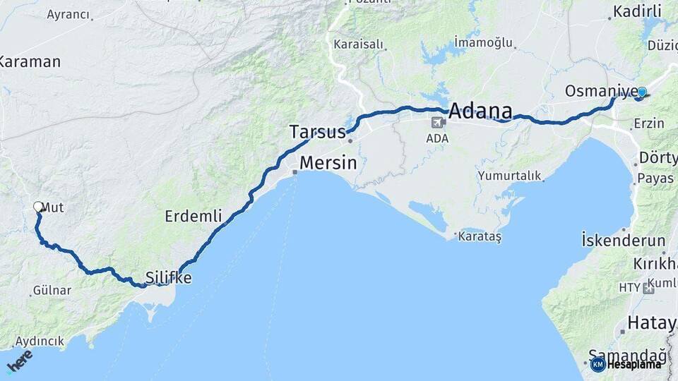 Osmaniye Mut Mersin Arası Kaç Km - Yol Haritası