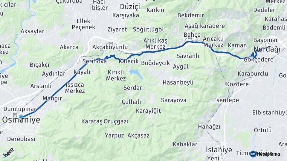 Osmaniye Nurdağı Gaziantep Arası Kaç Km - Yol Haritası