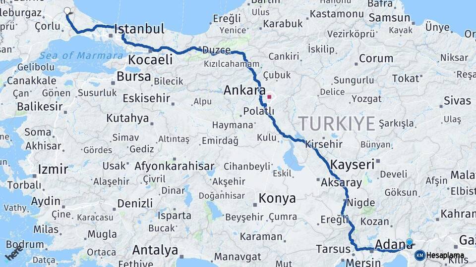 Osmaniye Saray Tekirdağ Arası Kaç Km - Yol Haritası