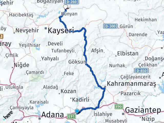 Osmaniye Sarıoğlan Kayseri Arası Kaç Km - Yol Haritası