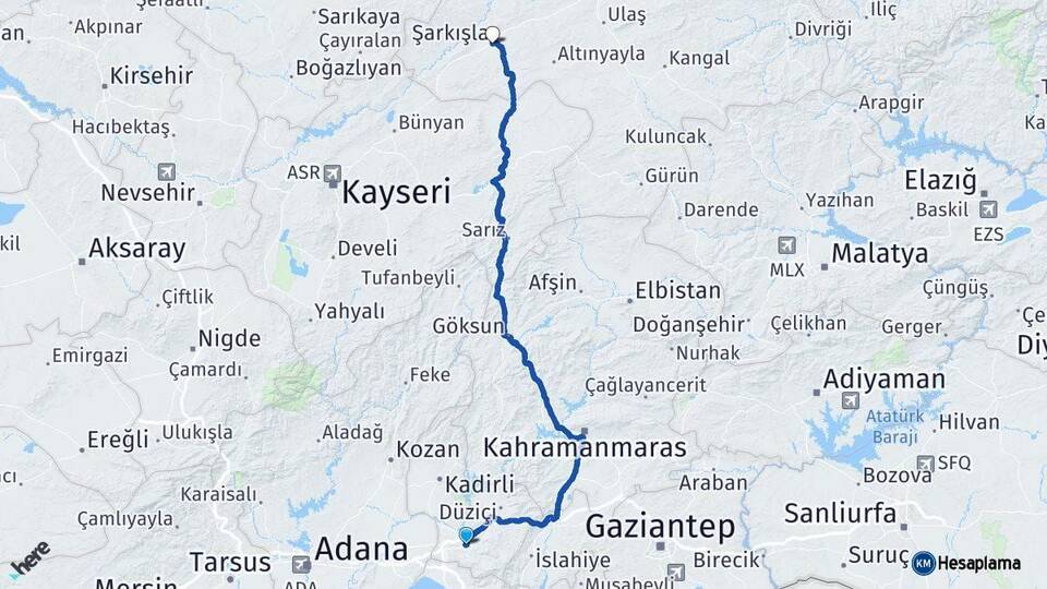 Osmaniye Şarkışla Sivas Arası Kaç Km - Yol Haritası