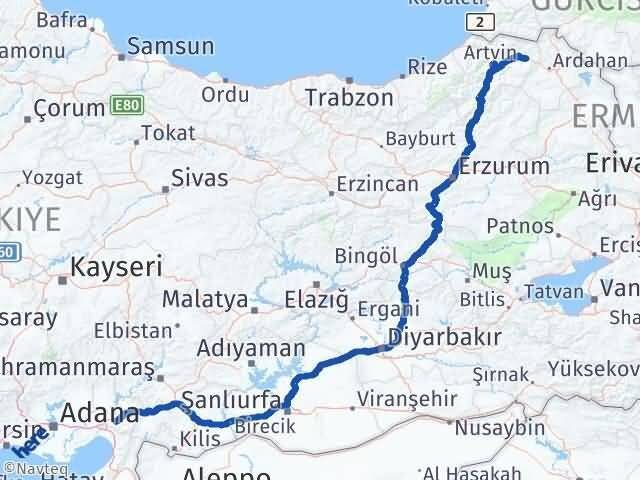 Osmaniye Şavşat Artvin Arası Kaç Km - Yol Haritası