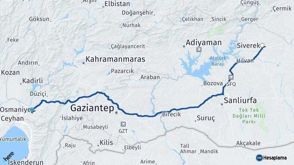 Osmaniye Siverek Şanlıurfa Arası Kaç Km - Yol Haritası