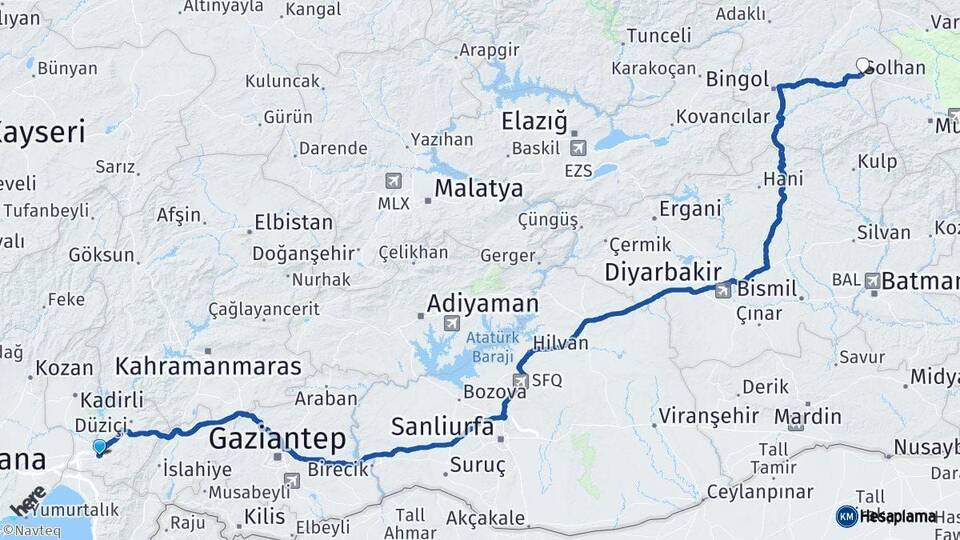 Osmaniye Solhan Bingöl Arası Kaç Km - Yol Haritası