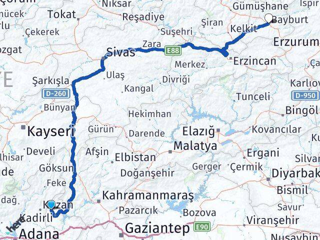 Osmaniye Sumbas Bayburt Arası Kaç Km - Yol Haritası