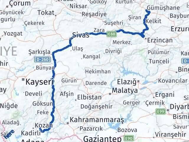 Osmaniye Sumbas Gümüşhane Arası Kaç Km - Yol Haritası
