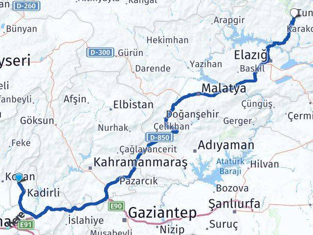 Osmaniye Sumbas Tunceli Arası Kaç Km - Yol Haritası