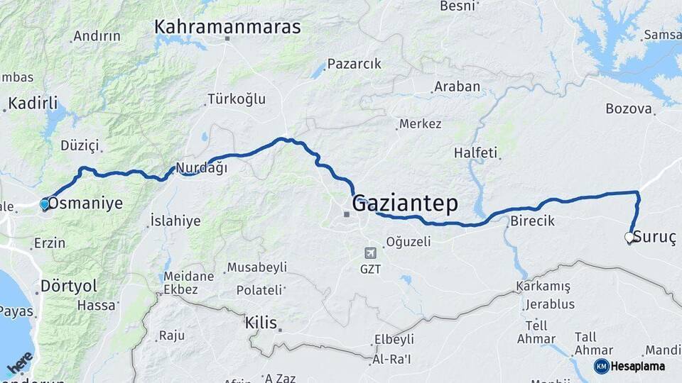 Osmaniye Suruç Şanlıurfa Arası Kaç Km - Yol Haritası