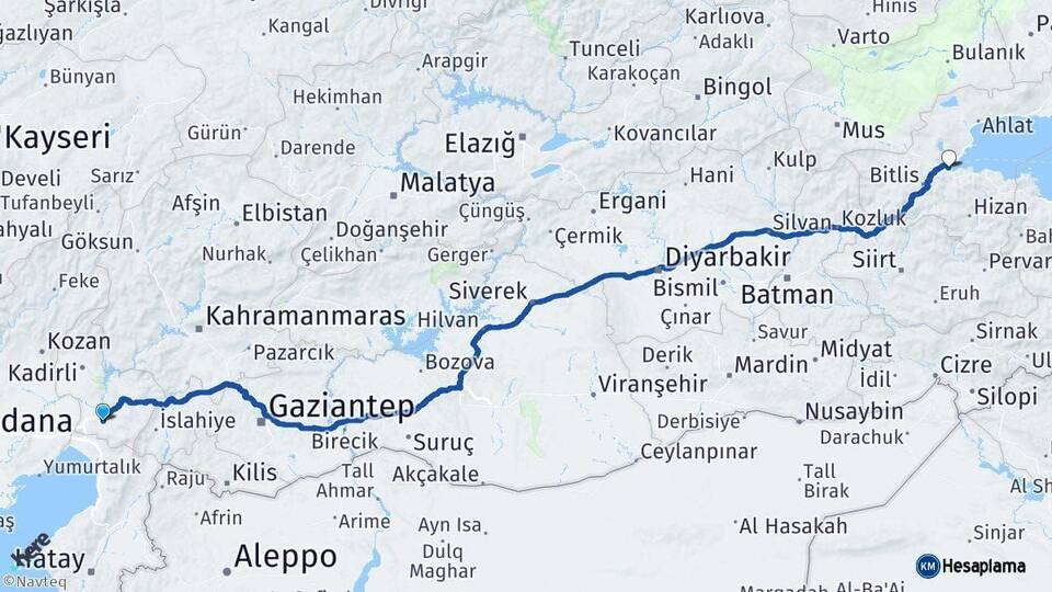 Osmaniye Tatvan Bitlis Arası Kaç Km - Yol Haritası