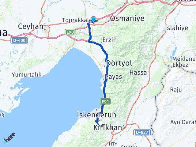 Osmaniye Toprakkale Belen Hatay Arası Kaç Km - Yol Haritası