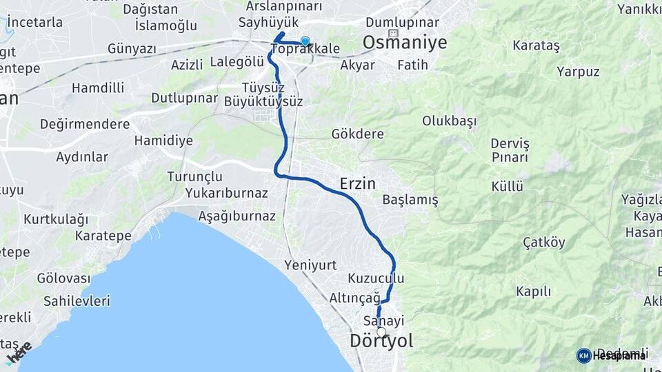 Osmaniye Toprakkale Dörtyol Hatay Arası Kaç Km - Yol Haritası