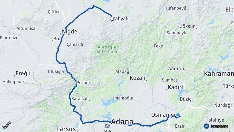 Osmaniye Yahyalı Kayseri Arası Kaç Km - Yol Haritası