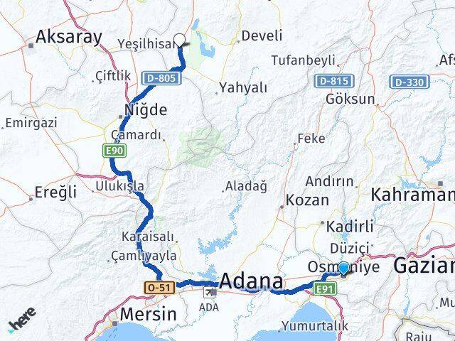 Osmaniye Yeşilhisar Kayseri Arası Kaç Km - Yol Haritası